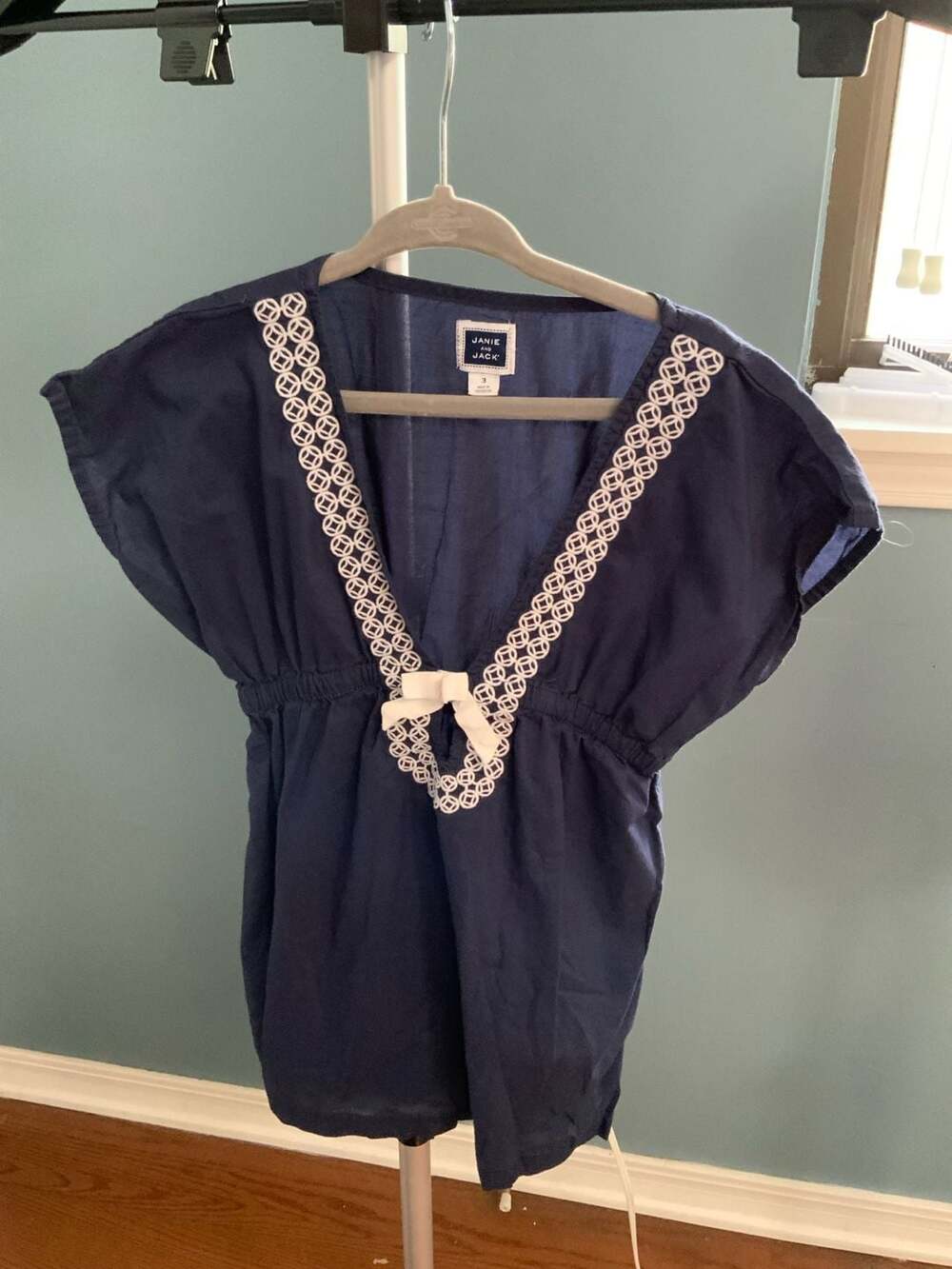 Janie and Jack Swimsuit Cover Up Size 3 Navy Blue White Lace Bow